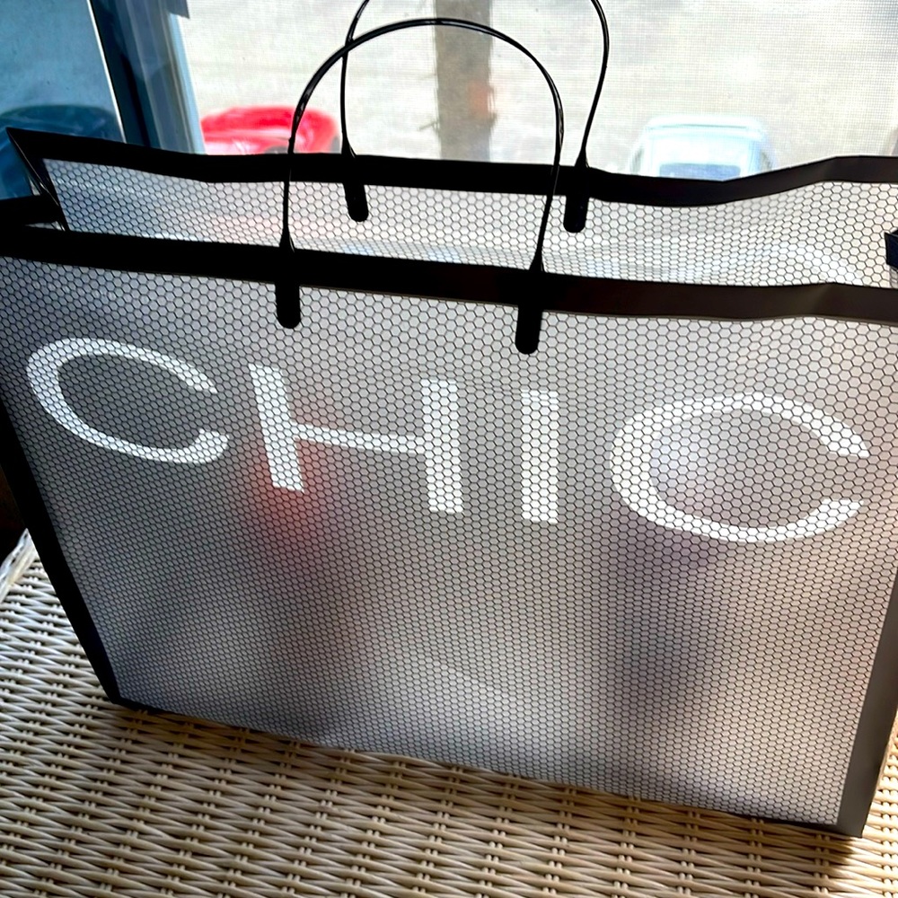 Medium size bag clear plastic with black trim.  NWOT VERY CUTE IN PERSON.